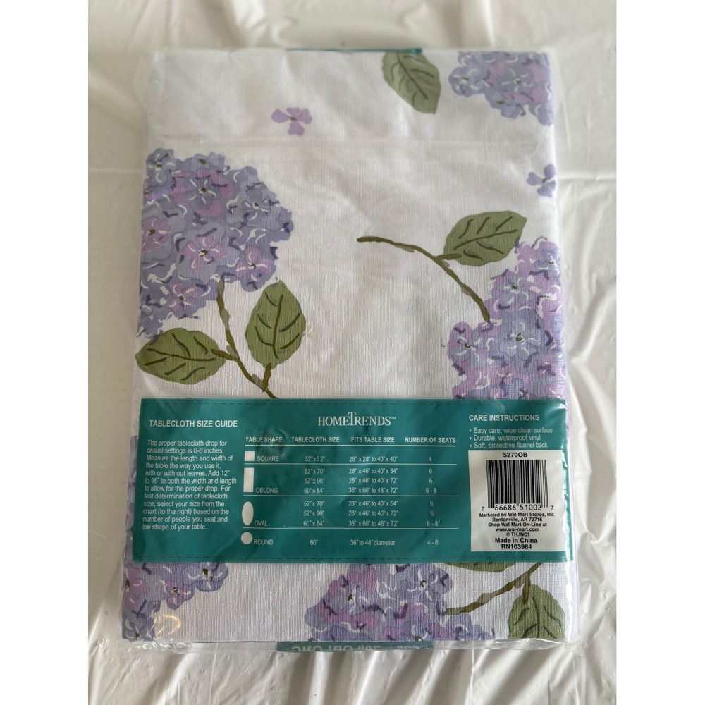 HomeTrends Purple Hydrangea Floral Vinyl Flannel Back Tablecloth 52x70 Oblong